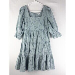 Madewell Eyelet Lizzie Baby Doll Dress Womens 0 Teal Green Floral Ruffle Cotton‎